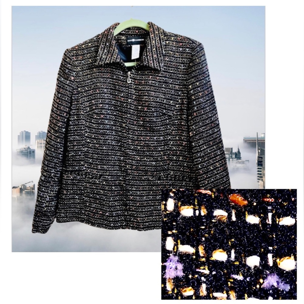 SAG HARBOR Women’s Full Zip Jacket Collar Pockets Tweed with Gold Threading